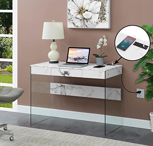 Convenience Concepts SoHo Glass Desk with Charging Station, 42", Faux White Marble & SoHo 4 Tier Tower Bookcase, White Faux Marble