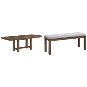 signature design by ashley moriville farmhouse 36” x 30” dining extension table, seats up to 8, brown & moriville casual rustic upholstered dining bench, grey & brown