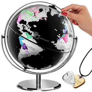 scratch off world globe with stand for home and office decor | 10” sphere earth globes with scratchable foil | a unique travel gift for travelers | world map desktop globe | travel map scratch map (globe - black & silver)
