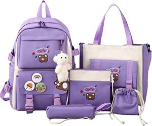 mojiduo 5pcs set kawaii backpack with cute plush pendants & badge,19 gallon capacity school bag cute aesthetic backpack