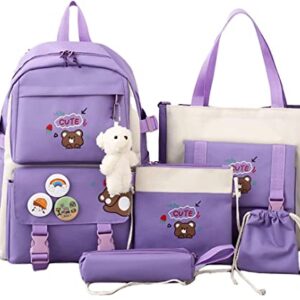 MOJIDUO 5Pcs Set Kawaii Backpack with cute plush Pendants & Badge,19 gallon capacity School Bag Cute Aesthetic Backpack