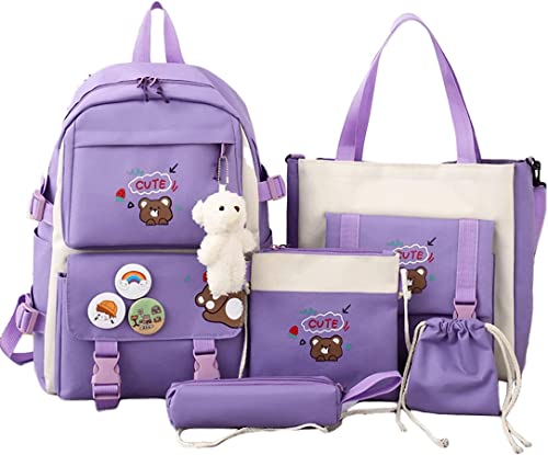 MOJIDUO 5Pcs Set Kawaii Backpack with cute plush Pendants & Badge,19 gallon capacity School Bag Cute Aesthetic Backpack