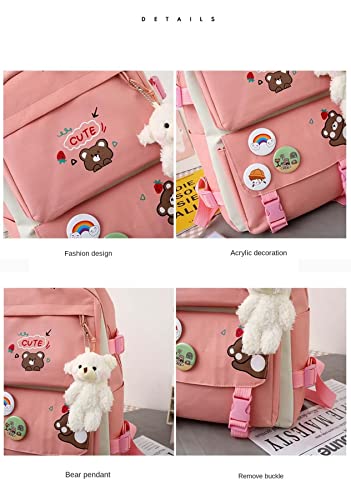 MOJIDUO 5Pcs Set Kawaii Backpack with cute plush Pendants & Badge,19 gallon capacity School Bag Cute Aesthetic Backpack