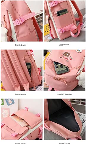 MOJIDUO 5Pcs Set Kawaii Backpack with cute plush Pendants & Badge,19 gallon capacity School Bag Cute Aesthetic Backpack