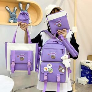 MOJIDUO 5Pcs Set Kawaii Backpack with cute plush Pendants & Badge,19 gallon capacity School Bag Cute Aesthetic Backpack