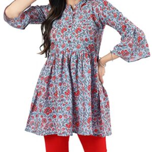 IshDeena Indian Kurti Tops for Women Indian Style Short Kurtis Kurta Boho Tunics Peasant Shirts Blouses Rayon & Cotton Silk (2X-Large/Blue Gray)