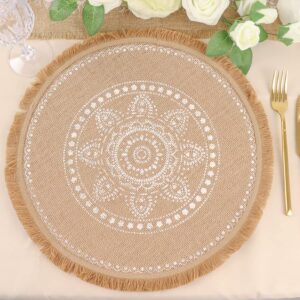tableclothsfactory 4 pack | natural 15" jute fringe white embroidery print placemats, rustic round woven burlap tassel table mats