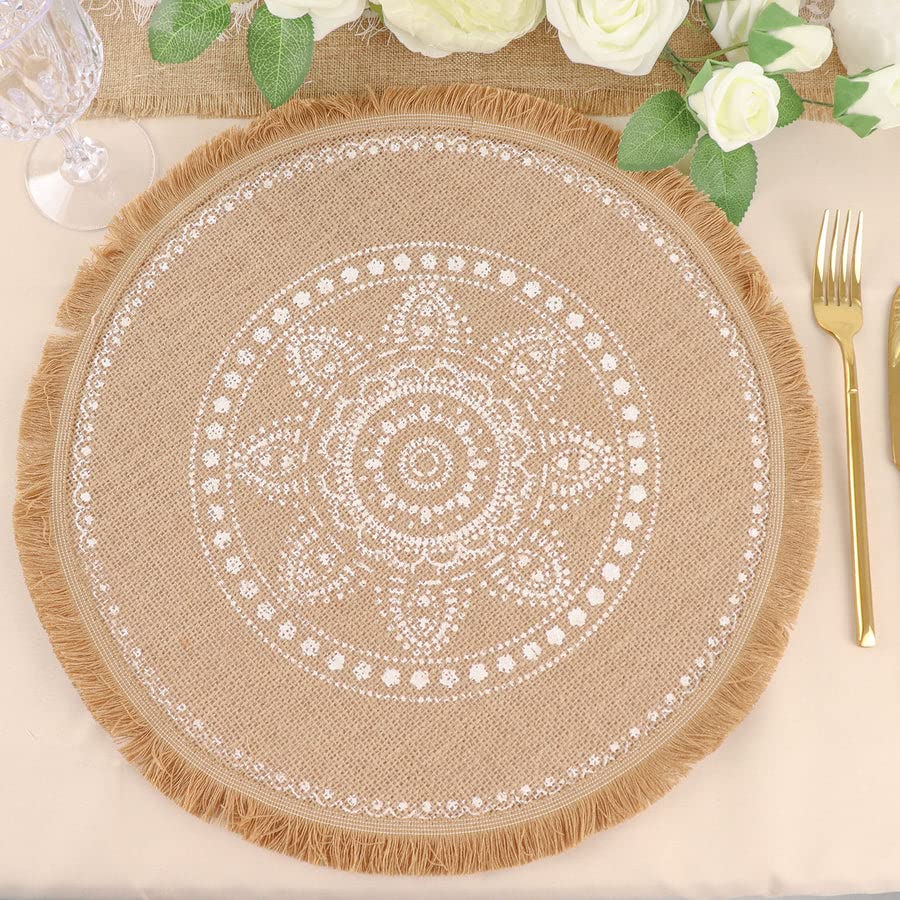 TABLECLOTHSFACTORY 4 Pack | Natural 15" Jute Fringe White Embroidery Print Placemats, Rustic Round Woven Burlap Tassel Table Mats