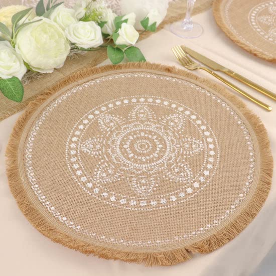 TABLECLOTHSFACTORY 4 Pack | Natural 15" Jute Fringe White Embroidery Print Placemats, Rustic Round Woven Burlap Tassel Table Mats