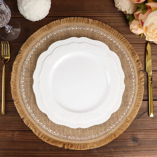 TABLECLOTHSFACTORY 4 Pack | Natural 15" Jute Fringe White Embroidery Print Placemats, Rustic Round Woven Burlap Tassel Table Mats