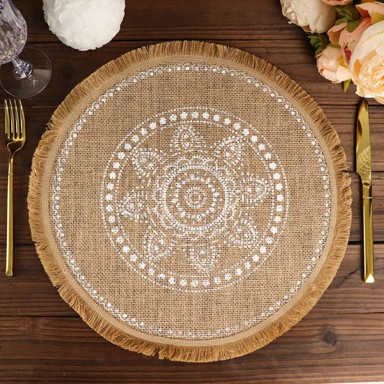 TABLECLOTHSFACTORY 4 Pack | Natural 15" Jute Fringe White Embroidery Print Placemats, Rustic Round Woven Burlap Tassel Table Mats