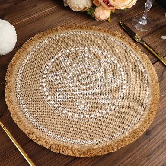 TABLECLOTHSFACTORY 4 Pack | Natural 15" Jute Fringe White Embroidery Print Placemats, Rustic Round Woven Burlap Tassel Table Mats