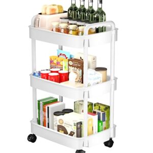 3 Tier Rolling Cart, Plastic Storage Cart, Multi-Functional Utility Cart Kitchen Storage Organizer,Mobile Shelving Unit Cart with Lockable Wheels for Bathroom,Laundry,Living Room,White