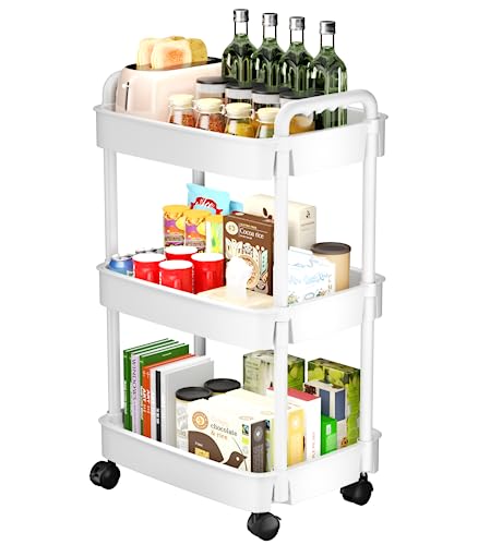 3 Tier Rolling Cart, Plastic Storage Cart, Multi-Functional Utility Cart Kitchen Storage Organizer,Mobile Shelving Unit Cart with Lockable Wheels for Bathroom,Laundry,Living Room,White