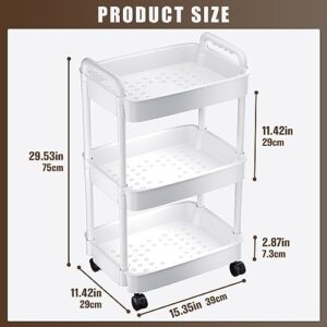 3 Tier Rolling Cart, Plastic Storage Cart, Multi-Functional Utility Cart Kitchen Storage Organizer,Mobile Shelving Unit Cart with Lockable Wheels for Bathroom,Laundry,Living Room,White