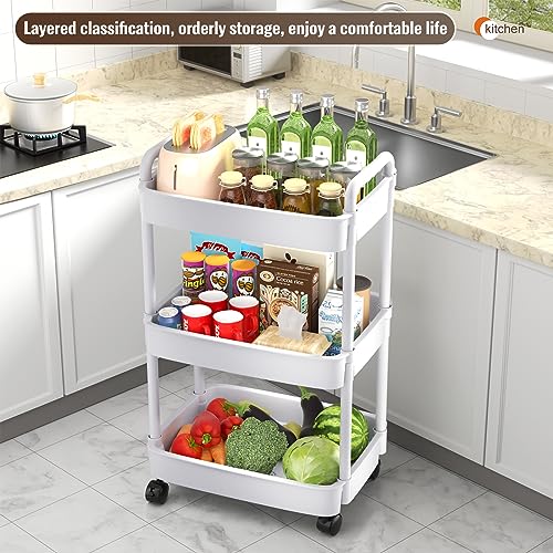 3 Tier Rolling Cart, Plastic Storage Cart, Multi-Functional Utility Cart Kitchen Storage Organizer,Mobile Shelving Unit Cart with Lockable Wheels for Bathroom,Laundry,Living Room,White