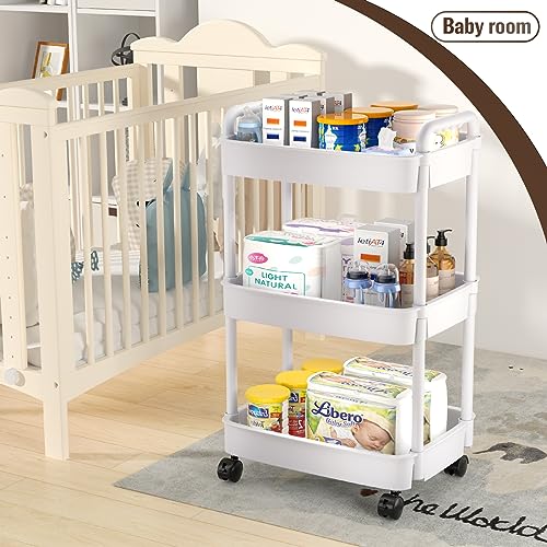 3 Tier Rolling Cart, Plastic Storage Cart, Multi-Functional Utility Cart Kitchen Storage Organizer,Mobile Shelving Unit Cart with Lockable Wheels for Bathroom,Laundry,Living Room,White