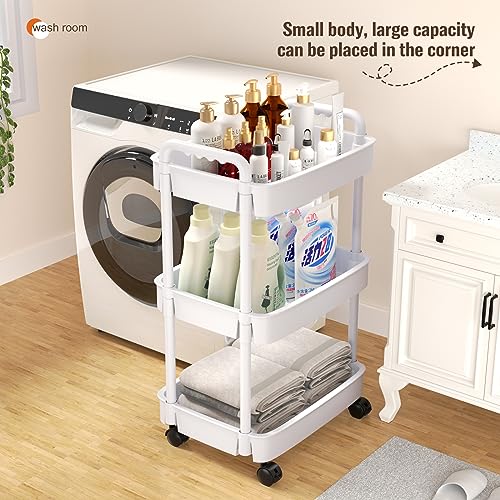 3 Tier Rolling Cart, Plastic Storage Cart, Multi-Functional Utility Cart Kitchen Storage Organizer,Mobile Shelving Unit Cart with Lockable Wheels for Bathroom,Laundry,Living Room,White