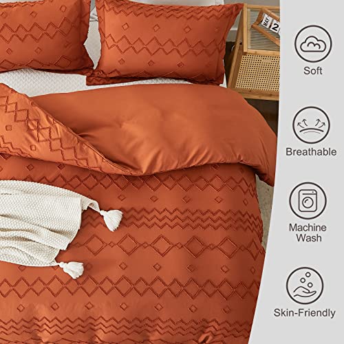 EMME Queen Duvet Cover, Tufted Microfiber Duvet Cover Set, Boho Bedding Sets Queen for All Seasons, 3 Pieces Embroidery Chic Duvet Cover Full, 1 Duvet Cover + 2 Pillowcases (Pumpkin, Queen)