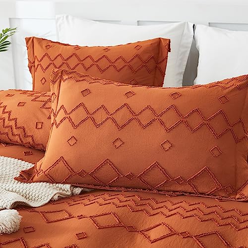 EMME Queen Duvet Cover, Tufted Microfiber Duvet Cover Set, Boho Bedding Sets Queen for All Seasons, 3 Pieces Embroidery Chic Duvet Cover Full, 1 Duvet Cover + 2 Pillowcases (Pumpkin, Queen)