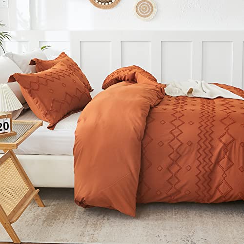 EMME Queen Duvet Cover, Tufted Microfiber Duvet Cover Set, Boho Bedding Sets Queen for All Seasons, 3 Pieces Embroidery Chic Duvet Cover Full, 1 Duvet Cover + 2 Pillowcases (Pumpkin, Queen)