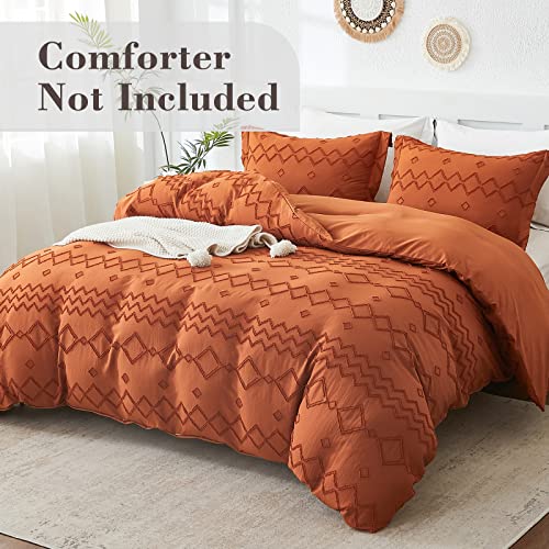 EMME Queen Duvet Cover, Tufted Microfiber Duvet Cover Set, Boho Bedding Sets Queen for All Seasons, 3 Pieces Embroidery Chic Duvet Cover Full, 1 Duvet Cover + 2 Pillowcases (Pumpkin, Queen)