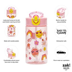 Zak Designs Kids Water Bottle For School or Travel, 16oz Durable Plastic Water Bottle With Straw, Handle, and Leak-Proof, Pop-Up Spout Cover (Sunny Smiles)