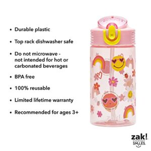 Zak Designs Kids Water Bottle For School or Travel, 16oz Durable Plastic Water Bottle With Straw, Handle, and Leak-Proof, Pop-Up Spout Cover (Sunny Smiles)