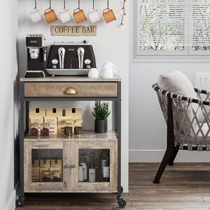 x-cosrack coffee bar cabinet，3 tiers kitchen coffee cart with drawer for the home buffets & sideboards, movable farmhouse coffee station table on wheels for living room, entryway, dining room, kitchen