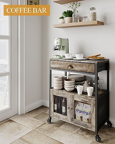 X-cosrack Coffee Bar Cabinet，3 Tiers Kitchen Coffee Cart with Drawer for The Home Buffets & Sideboards, Movable Farmhouse Coffee Station Table on Wheels for Living Room, Entryway, Dining Room, Kitchen