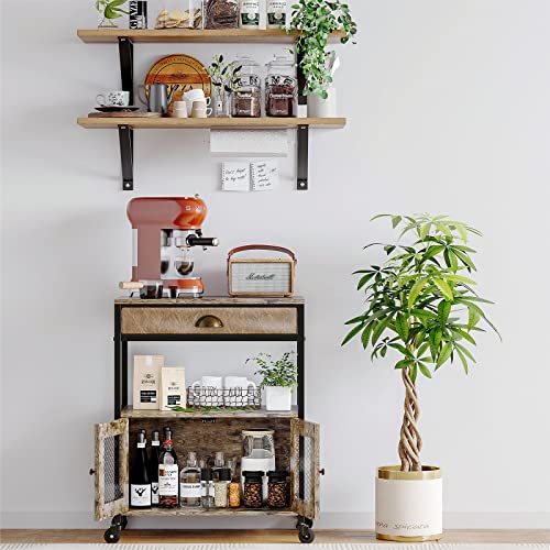 X-cosrack Coffee Bar Cabinet，3 Tiers Kitchen Coffee Cart with Drawer for The Home Buffets & Sideboards, Movable Farmhouse Coffee Station Table on Wheels for Living Room, Entryway, Dining Room, Kitchen