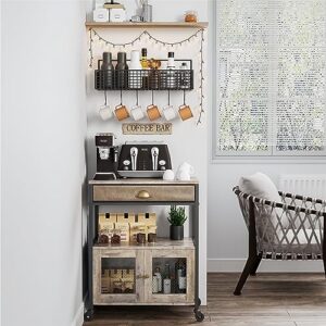 X-cosrack Coffee Bar Cabinet，3 Tiers Kitchen Coffee Cart with Drawer for The Home Buffets & Sideboards, Movable Farmhouse Coffee Station Table on Wheels for Living Room, Entryway, Dining Room, Kitchen