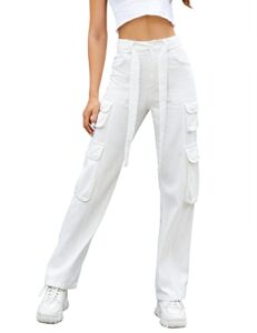micoson women high waist cargo pants with 8 pockets straight-leg loose girl moisture wicking oversized white cargo jeans white,xxl