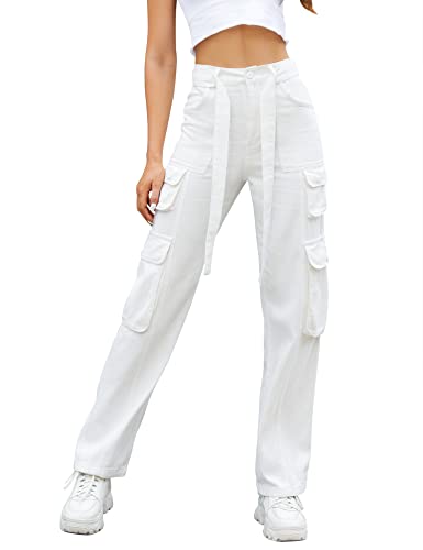 Micoson Women High Waist Cargo Pants with 8 Pockets Straight-Leg Loose Girl Moisture Wicking Oversized White Cargo Jeans White,XXL