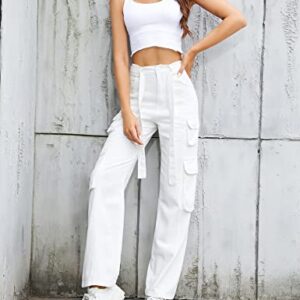 Micoson Women High Waist Cargo Pants with 8 Pockets Straight-Leg Loose Girl Moisture Wicking Oversized White Cargo Jeans White,XXL