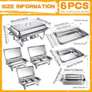 Hoolerry 6 Pcs Chafing Dish Buffet Set 9 Qt Stainless Steel Chafer Full Size Half Size 1/3 Size Chafing Food Pans Rectangular Catering Warmer Set for Parties Banquet Wedding Serving Dining