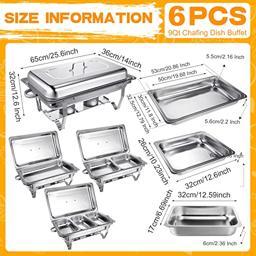 Hoolerry 6 Pcs Chafing Dish Buffet Set 9 Qt Stainless Steel Chafer Full Size Half Size 1/3 Size Chafing Food Pans Rectangular Catering Warmer Set for Parties Banquet Wedding Serving Dining