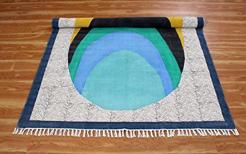 Casavani Indian Handmade Cotton Dhurrie Bordered Blue & Yellow Area Rug Boho Kilim Flat Weave Rug Indoor Hall Room Decor Carpet Throw Rugs for Bedroom Living Room Bathroom Balcony 6x12 Feet Runner