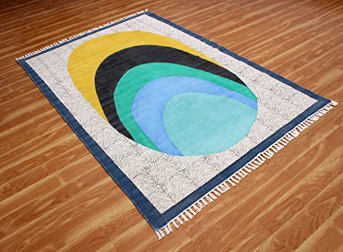 Casavani Indian Handmade Cotton Dhurrie Bordered Blue & Yellow Area Rug Boho Kilim Flat Weave Rug Indoor Hall Room Decor Carpet Throw Rugs for Bedroom Living Room Bathroom Balcony 6x12 Feet Runner