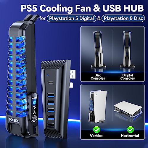 Upgraded PS5 Cooling Fan with USB HUB Bundle Kit, Quieter External PS5 Fan with 3 Different Fan speeds, PS5 USB HUB for PS5 Accessories with Charger & Data Transmission, PS5 Fan for PS5 Disc & Digital
