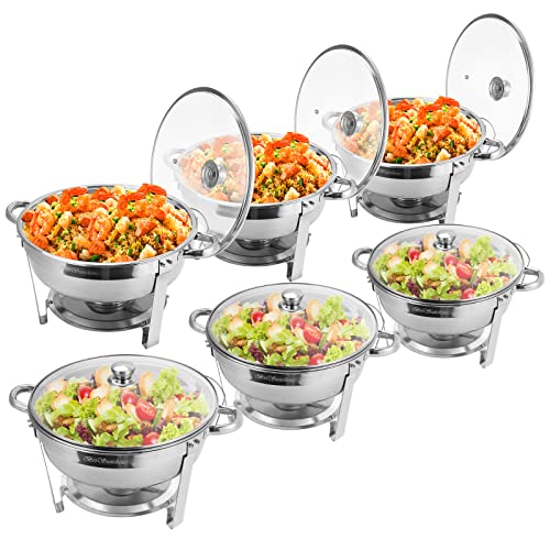 BriSunshine 6 Packs 5 QT Chafing Dish Buffet Set, Stainless Steel Round Chafer Sets with Glass Lid & Lid Holder, Food Warmer For Parties Weddings Catering