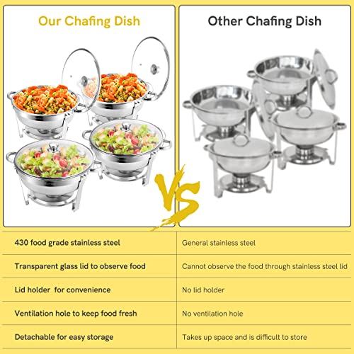 BriSunshine 6 Packs 5 QT Chafing Dish Buffet Set, Stainless Steel Round Chafer Sets with Glass Lid & Lid Holder, Food Warmer For Parties Weddings Catering