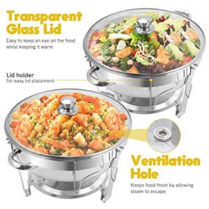 BriSunshine 6 Packs 5 QT Chafing Dish Buffet Set, Stainless Steel Round Chafer Sets with Glass Lid & Lid Holder, Food Warmer For Parties Weddings Catering