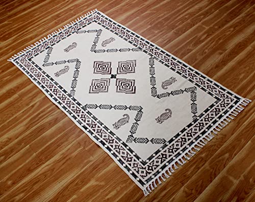 Casavani Hand Block Printed Rug Geometric Brown & Black Tassel Rug Easy Care Washable Rugs for Doormat Entryway Living Room Bedroom Hallway Balcony 9x15 Feet