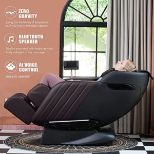 Luxury Massage Chair Full Body, Ergonomic SL-Track Zero Gravity Chairs with Mat Recliner, Back Heating, AI Voice Control, Thai Stretch, Bluetooth Speaker, Airbags, Deep Tissue Massage Black & Brown