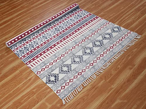 Casavani Hand Block Printed Cotton Dhurrie Geometric Red & Black Area Rug Doormat Floor Rug Indoor Area Rugs for Bedroom Living Room Laundry Room 3x5 Feet