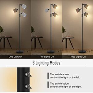 BoostArea Floor Lamps for Living Room, 3 Color Temperature, 3-Light Tree Standing Lamp, Minimalist Floor Lamp with Grey Lamp Shades Modern Pole Lamp for Bedroom Office Kids Room, Black (5W LED Bulbs)
