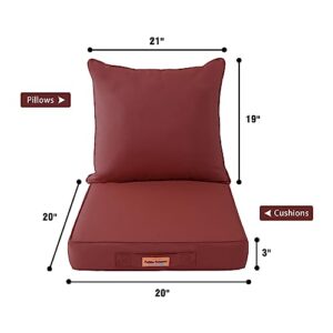 Faible Poisson Outdoor Chair Cushions, 20 x 20 Inch Waterproof Patio Furniture Back & Deep Seat Cushion Set with Handle and Anti-Slip Straps for Indoor Garden Camping, Plain Brick Red