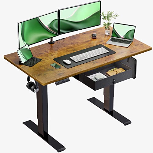 Marsail Standing Desk with Drawer, 55x24 Inch Adjustable Height Standing Desk, Electric Stand up Desk, Sit Stand Home Office Desk, Ergonomic Workstation for Home Office Computer Gaming Desk Rustic