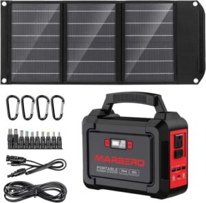 marbero solar generator 300w portable power station 296wh with 30w solar panel included with dc, ac, usb a, usb c, flashlights for camping, home, outdoor, office, school, emergency